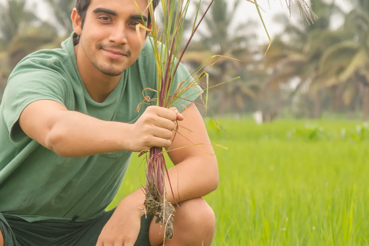 Young farmer holding crops